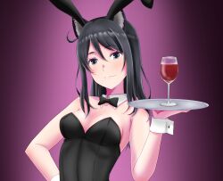 Rule 34 | 1girl, animal ears, black bow, black bowtie, black eyes, black hair, black leotard, bow, bowtie, breasts, character request, cleavage, closed mouth, copyright request, cup, detached collar, drinking glass, fake animal ears, gloves, hand on own hip, highres, holding, holding tray, leotard, long hair, looking at viewer, medium breasts, pink gloves, playboy bunny, rabbit ears, rika rkgk, smile, solo, tray, upper body, white wrist cuffs, wine glass, wrist cuffs