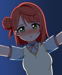 Rule 34 | 1girl, aqua shirt, artist name, artist request, blush, bow, bowtie, braid, braided bun, breasts, close-up, collared shirt, crying, crying with eyes open, female focus, green eyes, hair bun, hair ornament, hairclip, highres, looking at viewer, love live!, love live! nijigasaki high school idol club, neck ribbon, nijigasaki academy school uniform, nose blush, orange hair, outstretched arms, parted lips, pink bow, pink ribbon, red bow, red hair, ribbon, school uniform, shirt, short hair, side bun, single hair bun, small breasts, smile, solo, star (symbol), star hair ornament, sweater, sweater vest, tears, uehara ayumu, upper body, vest, white shirt, yellow eyes, yellow vest