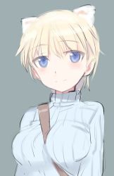 Rule 34 | 10s, 1girl, animal ears, between breasts, blonde hair, blue eyes, blush, brave witches, breasts, large breasts, long sleeves, looking at viewer, lowres, nikka edvardine katajainen, ribbed sweater, shimada fumikane, short hair, simple background, smile, solo, strap, strike witches, sweater, weasel ears, world witches series