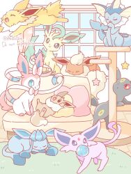Rule 34 | animal focus, artist name, asakoline, bow, bowtie, closed eyes, commentary request, couch, creatures (company), eevee, espeon, facial mark, fins, flareon, fluffy, forehead jewel, forehead mark, forked tail, game freak, gen 1 pokemon, gen 2 pokemon, gen 4 pokemon, gen 6 pokemon, glaceon, head fins, highres, indoors, jolteon, jumping, leaf, leafeon, licking paw, nintendo, no humans, on couch, pawpads, pokemon, pokemon (creature), prehensile ribbon, red eyes, sleeping, smile, star (symbol), sylveon, tail, twitter username, umbreon, vaporeon, white bow, white bowtie