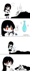 Rule 34 | !, 1boy, 1girl, 4koma, artist request, black hair, blue flower, blue rose, chibi, collared shirt, comic, flower, garry (ib), greyscale, ib (ib), ib (kouri), jpeg artifacts, long hair, lying, monochrome, pouring, red eyes, red flower, red rose, rose, shirt, skirt, socks, source request, sparkle, speech bubble, sweat, thighhighs, translation request, vase, water, wet, wet hair, you&#039;re doing it wrong