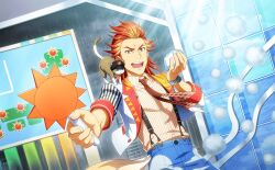 Rule 34 | 1boy, akai suzaku, animal, animal on shoulder, buttons, cat, cat on shoulder, cloud print, collared shirt, fingernails, highres, holding, idolmaster, idolmaster side-m, idolmaster side-m live on stage!, male focus, multicolored hair, necktie, nyako (idolmaster), official art, open clothes, open mouth, orange eyes, pants, shirt, sleeves rolled up, streaked hair, sun print, suspenders, teeth, watch