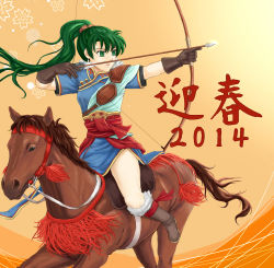 Rule 34 | 10s, 1girl, 2014, arrow (projectile), bad id, bad pixiv id, bare legs, bow (weapon), earrings, female focus, fire emblem, fire emblem: the blazing blade, gloves, green eyes, green hair, horse, horseback riding, jewelry, legs, long hair, lyn (fire emblem), matching hair/eyes, nintendo, open mouth, pazuzu438, ponytail, riding, side slit, solo, weapon