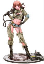 Rule 34 | 1girl, absurdres, antimatter weapon, aqua eyes, backpack, bag, belt, blush, boots, breasts, brown hair, cable, cargo pants, cleavage, combat boots, contrapposto, crop top, cropped jacket, directed-energy weapon, dirty, ecto goggles, elbow pads, energy gun, energy weapon, faux figurine, full body, ghost, ghost trap, ghostbusters, gloves, goggles, goggles around neck, gun, hand on own hip, high collar, high heels, highres, holding, jacket, charm (object), large breasts, leaning, leaning left, lipstick, logo, lowleg, lucy (ghostbusters), makeup, midriff, navel, no symbol, open clothes, open jacket, over shoulder, panties, pants, particle-beam weapon, particle thrower, proton pack, red panties, scan, shadow, shoes, short hair, simple background, smile, solo, standing, torn clothes, torn pants, underwear, uniform, weapon, white background, wide hips, yamashita shun&#039;ya, zipper
