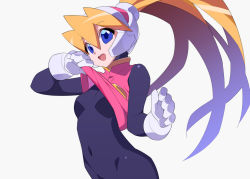 Rule 34 | 1girl, blonde hair, blue eyes, bodystocking, breasts, ciel (mega man), clothes lift, female focus, gloves, hair between eyes, helmet, kaidou zx, lifting own clothes, long hair, looking at viewer, mega man (series), mega man zero (series), navel, open mouth, pink vest, ponytail, shirt lift, simple background, sleeveless, small breasts, smile, solo, swept bangs, upper body, very long hair, vest, white background, white gloves