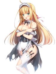 Rule 34 | 1girl, ahoge, apron, bare shoulders, blonde hair, blush, bow, bowtie, braid, breasts, center frills, cleavage, colored eyelashes, commentary request, corset, covering privates, covering breasts, detached collar, dress, embarrassed, female focus, frills, garter straps, green eyes, highres, knife, long hair, looking at viewer, maid, maid headdress, medium breasts, nina muratore, no bra, official art, open mouth, sakuranbo, side braid, simple background, solo, standing, taimanin (series), taimanin asagi kessen arena, thigh strap, thighhighs, thighs, torn apron, torn clothes, torn dress, torn thighhighs, waist apron, weapon, white background, white thighhighs