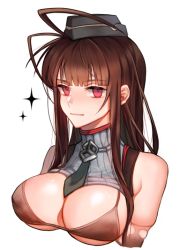 Rule 34 | 1girl, antenna hair, bare shoulders, bikini, black necktie, blunt bangs, breasts, brown bikini, brown gloves, brown hair, cropped torso, dress, dsr-50 (girls&#039; frontline), elbow gloves, girls&#039; frontline, gloves, grey dress, hat, large breasts, long hair, looking at viewer, necktie, red eyes, ribbed dress, seoki (hi3031), simple background, solo, sparkle, swimsuit, torn clothes, torn gloves, turtleneck, upper body, white background