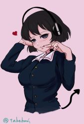 Rule 34 | 1girl, absurdres, black eyes, black hair, blue jacket, blush, closed mouth, commentary, cropped torso, demon tail, eyelashes, finger in own mouth, girls und panzer, half-closed eyes, hand on headphones, headphones, heart, highres, jacket, long sleeves, looking at viewer, military, military uniform, one-hour drawing challenge, ooarai military uniform, purple background, short hair, simple background, smile, solo, tail, takefu jiin, throat microphone, twitter username, uniform, upper body, utsugi yuuki