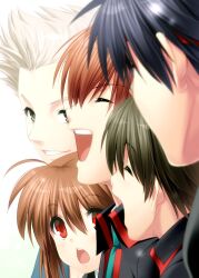 Rule 34 | 1girl, 4boys, ^ ^, ahoge, black hair, blurry, brown hair, close-up, closed eyes, commentary request, depth of field, from side, grey eyes, grey hair, hair between eyes, highres, inohara masato, laughing, light blush, little busters!, long hair, looking at another, miyazawa kengo, multiple boys, naoe riki, natsume kyousuke, natsume rin, non-web source, open mouth, parted lips, profile, red eyes, short hair, simple background, smile, teeth, upper teeth only, white background, zen (kamuro)