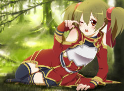 Rule 34 | 10s, 1girl, b-cat, black thighhighs, blonde hair, blush, fingerless gloves, forest, gloves, long sleeves, lying, nature, on side, one eye closed, open mouth, orange eyes, short hair, short twintails, silica, solo, sword art online, tears, thighhighs, tree, twintails, wink