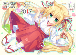 Rule 34 | 1girl, 2017, ameto yuki, animal ear fluff, animal ears, blonde hair, cat ears, cat tail, circle name, ema, full body, green eyes, japanese clothes, long hair, looking at viewer, miko, new year, original, sandals, solo, tabi, tail, twintails, zouri