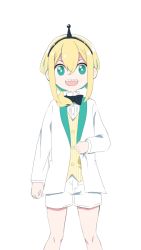 Rule 34 | 1girl, :d, amano pikamee, black bow, black bowtie, black hairband, blazer, blonde hair, bow, bowtie, brown vest, commentary request, green eyes, green hair, groom, gyari (imagesdawn), hair between eyes, hairband, highres, jacket, long sleeves, looking at viewer, multicolored hair, official art, open clothes, open jacket, open mouth, sharp teeth, shirt, short shorts, shorts, simple background, sleeves past wrists, smile, solo, straight-on, striped clothes, striped vest, teeth, two-tone hair, v-shaped eyebrows, vertical-striped clothes, vertical-striped vest, vest, virtual youtuber, voms, white background, white jacket, white shirt, white shorts