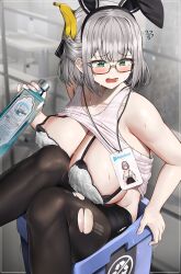 Rule 34 | 1girl, absurdres, alcohol, animal ears, arrow (symbol), banana peel, black hairband, black pantyhose, blush, bottle, bra, breasts, breasts on lap, cleavage, clothes lift, collarbone, copyright name, fake animal ears, flying sweatdrops, green eyes, grey hair, hairband, highres, holding, holding bottle, hololive, huge breasts, id card, kuse (0201), lace, lace-trimmed bra, lace trim, lanyard, open mouth, pantyhose, rabbit ears, raised eyebrows, recycle bin, recycling symbol, shirogane noel, shirt lift, sitting, solo, sweat, tank top, tears, torn clothes, torn pantyhose, trash can, underwear, virtual youtuber, wavy mouth, white bra