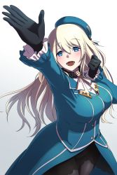 Rule 34 | 1girl, absurdres, anya (anyapoiiii), arm up, ascot, atago (kancolle), beret, black gloves, black pantyhose, blonde hair, blue background, blue hat, blush, breasts, frilled jacket, frills, fur collar, gloves, gradient background, green eyes, hair between eyes, hat, highres, jacket, kantai collection, large breasts, long hair, long sleeves, looking up, military, military uniform, open mouth, pantyhose, shirt, skirt, smile, solo, uniform, white shirt