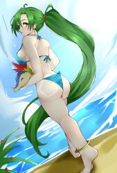 Rule 34 | 1340smile, 1girl, absurdres, barefoot, beach, bikini, blue bikini, creatures (company), cyndaquil, facing away, feet, fire emblem, fire emblem heroes, from behind, game freak, gen 2 pokemon, heel up, highres, holding, holding pokemon, legs, looking at another, looking at viewer, lyn (fire emblem), nintendo, ocean, pokemon, pokemon (creature), swimsuit, toes