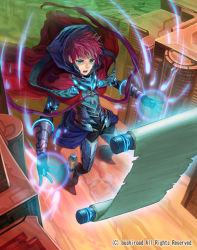 Rule 34 | 1boy, armor, armored boots, blue eyes, boots, building, cape, cardfight!! vanguard, company name, eloquence revenger glonn, gloves, hood, male focus, official art, open mouth, red hair, scroll, solo, teeth, terumii