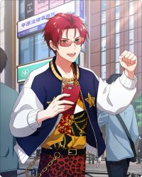 Rule 34 | 4boys, belt, building, card (medium), cellphone, clenched hand, fingernails, green eyes, idolmaster, idolmaster side-m, idolmaster side-m growing stars, jacket, male focus, mayumi eishin, multiple boys, official art, open clothes, open jacket, phone, red hair, smartphone, star (symbol), sunglasses, teeth, upper teeth only