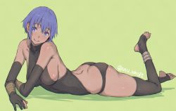Rule 34 | 1girl, anklet, ass, backless outfit, barefoot, black gloves, black panties, black thighhighs, blue eyes, blue hair, blush, breasts, butt crack, collarbone, dark-skinned female, dark skin, elbow gloves, fate/grand order, fate/prototype, fate/prototype: fragments of blue and silver, fate (series), full body, gloves, hassan of serenity (fate), jewelry, large breasts, looking at viewer, lying, matching hair/eyes, on stomach, panties, partially fingerless gloves, revision, short hair, sideboob, simple background, smile, solo, thighhighs, toeless legwear, toes, underwear, utu (ldnsft)