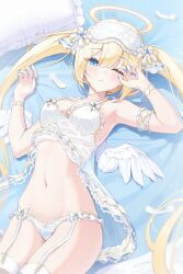 Rule 34 | 1girl, arm garter, arm up, armpits, babydoll, bare shoulders, blonde hair, blue eyes, breasts, closed mouth, feathered wings, feathers, frilled panties, frills, garter straps, halo, hand up, highres, kira (kira78718520), long hair, looking at viewer, lying, medium breasts, mini wings, nail polish, navel, on back, one eye closed, original, panties, pillow, see-through, sleep mask, solo, spaghetti strap, stomach, thighs, twintails, underwear, very long hair, white panties, wings