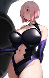 Rule 34 | 1girl, arind yudha, bare shoulders, black leotard, black thighhighs, blush, breasts, cleavage, cleavage cutout, clothing cutout, elbow gloves, fate/grand order, fate (series), gloves, hair over one eye, highleg, highleg leotard, highres, large breasts, leotard, looking to the side, lord camelot (fate), mash kyrielight, navel, navel cutout, purple eyes, purple gloves, purple hair, shield, short hair, solo, thigh strap, thighhighs, thighs