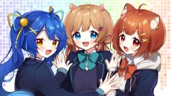 Rule 34 | 3girls, :d, ahoge, amamiya kokoro, animal ears, bell, black jacket, blazer, blue bow, blue eyes, blue hair, blue ribbon, blush, bow, brown eyes, brown hair, collared shirt, commentary request, deer ears, drawstring, eli conifer, fang, grey jacket, hair bell, hair ornament, hair ribbon, hairclip, holding hands, hood, hood down, hooded jacket, jacket, jingle bell, long hair, long sleeves, looking at viewer, looking to the side, low twintails, multiple girls, nijisanji, open clothes, open jacket, open mouth, palms together, ratna petit, red bow, red panda ears, red ribbon, ribbon, shirt, sleeves past wrists, smile, sweater vest, twintails, upper body, virtual youtuber, white shirt, x hair ornament, yamabukiiro, yellow ribbon