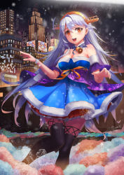Rule 34 | 10s, 1girl, :d, bell, black thighhighs, breasts, choker, city, cleavage, detached collar, dress, hairband, haruna (kancolle), headgear, kantai collection, long hair, neck bell, open mouth, orange eyes, silver hair, smile, snowflakes, snowing, solo, strapless, strapless dress, thighhighs, very long hair, yi l chen 5
