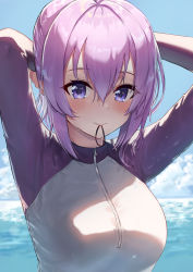 Rule 34 | 1girl, alternate costume, arms behind head, arms up, ayul (ayulneri 92), blue sky, blush, bodysuit, breasts, closed mouth, commentary request, day, diving suit, fate/grand order, fate (series), hair between eyes, hair tie in mouth, highres, large breasts, light purple hair, looking at viewer, mash kyrielight, medium breasts, mouth hold, ocean, one-piece swimsuit, purple eyes, raglan sleeves, short hair, sky, solo, sunlight, swimsuit, tying hair, upper body, water, wet, wetsuit, zipper