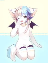Rule 34 | 1girl, animal ears, artist name, bat wings, blonde hair, blue background, blue hair, blush, chromatic aberration, crossed bangs, fangs, female focus, flat chest, fox ears, fox girl, fox tail, full body, furry, furry female, grey eyes, hand up, highres, kneeling, light blush, long hair, looking at viewer, methynecros, multicolored hair, navel, one eye closed, open mouth, original, seiza, simple background, sitting, solo, stomach, tail, teeth, two-tone background, two-tone hair, watermark, wings, yawning, yellow background