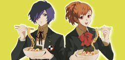 Rule 34 | 1boy, 1girl, badge, black jacket, black ribbon, blue eyes, blue hair, bow, bowtie, brown hair, chopsticks, collared shirt, food, hair over one eye, high ponytail, highres, holding, holding chopsticks, jacket, long sleeves, medium hair, neck ribbon, noodles, open mouth, persona, persona 3, persona 3 portable, ramen, red bow, red bowtie, red eyes, ribbon, shiomi kotone, shirt, simple background, sio2 (whynotkarma), smile, softboiled egg, upper body, white shirt, wing collar, yellow background, yuuki makoto (persona 3)