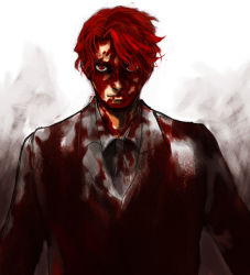 Rule 34 | 00s, 1boy, baccano!, bad id, bad pixiv id, blood, blood in hair, blood on face, claire stanfield, formal, looking at viewer, male focus, riso, simple background, solo, suit, white background