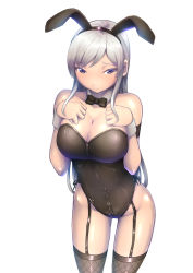 Rule 34 | 1girl, animal ears, backlighting, black bow, black bowtie, black leotard, black thighhighs, bow, bowtie, breasts, cleavage, cowboy shot, detached collar, embarrassed, fake animal ears, fishnet thighhighs, fishnets, frown, garter straps, hairband, half-closed eyes, hands on own chest, highres, large breasts, leotard, long hair, parted bangs, playboy bunny, purple eyes, rabbit ears, school girl strikers, silver hair, simple background, solo, standing, strapless, strapless leotard, swept bangs, tatiana aleksandrovna crocskaya, thighhighs, very long hair, white background, wide face, yuuki1103
