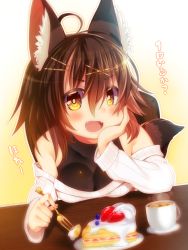 Rule 34 | 1girl, ahoge, animal ear fluff, animal ears, bare shoulders, blush, breasts, brown eyes, brown hair, cake, cake slice, cleavage, commentary, cup, fangs, food, fork, fox ears, fruit, hair between eyes, hair ornament, hairclip, head rest, highres, holding, holding fork, long sleeves, looking at viewer, medium breasts, mofuaki, off shoulder, open mouth, original, ribbed sweater, sitting, solo, strawberry, sweater, tail, translated