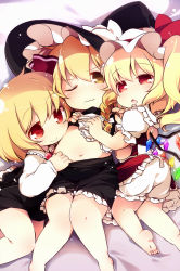 Rule 34 | 3girls, aged down, barefoot, blonde hair, child, closed mouth, clothes lift, eyebrows, fang, feet, flandre scarlet, hat, highres, kirisame marisa, looking at viewer, lying, matatabi (nigatsu), multiple girls, navel, on back, one eye closed, open mouth, red eyes, rumia, shirt, shirt lift, smile, touhou, vampire, wings, witch hat, yellow eyes