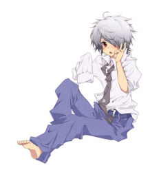 Rule 34 | 1boy, bad id, barefoot, child, feet, lag seeing, male focus, necktie, on (snow77), pants, shirt, short hair, simple background, sitting, solo, tegami bachi, toes, white background