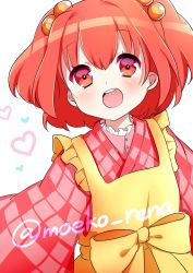 Rule 34 | 1girl, absurdres, apron, bell, checkered clothes, checkered kimono, fuu (07199382), hair bell, hair ornament, highres, japanese clothes, kimono, motoori kosuzu, open mouth, red eyes, red hair, short hair, smile, solo, touhou, twintails, twitter username, two side up