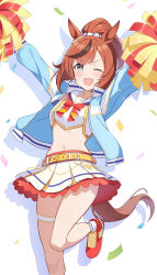 Rule 34 | 1girl, ;d, absurdres, animal ears, arms up, blue jacket, blush, bow, bowtie, brown eyes, brown hair, cheerleader, commentary request, confetti, crop top, hand on own hip, highres, holding, holding pom poms, horse ears, horse girl, horse tail, jacket, long sleeves, looking at viewer, medium hair, midriff, miniskirt, multicolored hair, navel, nice nature (run&amp;win) (umamusume), nice nature (umamusume), official alternate costume, official alternate hairstyle, one eye closed, open mouth, pleated skirt, pom pom (cheerleading), pom poms, ponytail, red bow, red bowtie, red footwear, sailor collar, sailor shirt, shirt, shoes, skirt, smile, sneakers, solo, sonoda 345, standing, standing on one leg, stomach, streaked hair, tail, thigh strap, umamusume, white sailor collar, white shirt, white skirt