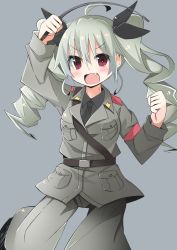 Rule 34 | 10s, 1girl, :d, ahoge, anchovy (girls und panzer), blush, drill hair, fang, girls und panzer, grey background, grey hair, hair ribbon, highres, long hair, military, military uniform, open mouth, red eyes, ribbon, rurisakura, simple background, smile, solo, twin drills, twintails, uniform