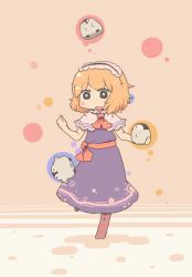 Rule 34 | 1girl, alice margatroid, animal, bird, blonde hair, blue eyes, blush stickers, bow, capelet, chibi, clenched hand, dress, female focus, hairband, holding, inishie, patterned background, penguin, pink background, short hair, sleeveless, solo, standing, touhou
