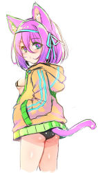 Rule 34 | 1girl, animal ear fluff, animal ears, bikini, bikini under clothes, black bikini, blue eyes, blue ribbon, blush, breasts, brown jacket, cat ears, cat girl, cat tail, closed mouth, cropped legs, glowing, hair between eyes, hair ribbon, hand in pocket, highres, hood, hood down, hooded jacket, jacket, looking at viewer, looking to the side, medium breasts, neon trim, open clothes, open jacket, original, pink hair, ribbon, simple background, solo, swimsuit, tail, unname, white background