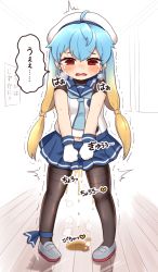 Rule 34 | 1girl, ahoge, beret, black pantyhose, blonde hair, blue hair, blue neckerchief, blue sailor collar, blue skirt, blush, breasts, breath, embarrassed, empty eyes, fang, female focus, full body, gloves, gradient hair, hair tie, hat, heart, highres, indoors, japanese text, kantai collection, long hair, looking down, midriff peek, miniskirt, multicolored hair, navel, neckerchief, nose blush, open mouth, pantyhose, peeing, peeing self, pigeon-toed, pleated skirt, puddle, red eyes, sado (kancolle), sailor collar, school uniform, serafuku, shirt, shoes, sign, simoyuki, skin fang, skirt, sleeveless, sleeveless shirt, small breasts, solo, speech bubble, standing, steam, sweat, tears, thighband pantyhose, translation request, trembling, twintails, white footwear, white gloves, white hat, white shirt