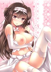 Rule 34 | 10s, 1girl, ahoge, bare shoulders, blush, breast hold, breasts, breasts out, brown hair, cameltoe, choker, cleavage, detached sleeves, double bun, dress, garter straps, hair bun, hair ornament, hairband, ichiyou moka, jewelry, kantai collection, kongou (kancolle), large breasts, long hair, navel, nipples, open mouth, panties, pink panties, ring, solo, thighhighs, underwear, wedding dress, white thighhighs