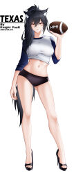 Rule 34 | 1girl, absurdres, animal ears, arknights, artist name, ball, black footwear, black hair, black panties, breasts, character name, crop top, dated, eye contact, full body, gluteal fold, highres, holding, knight fault, long sleeves, looking at another, looking at viewer, medium breasts, navel, panties, raglan sleeves, red eyes, rugby ball, shirt, simple background, solo, standing, tail, texas (arknights), underwear, white background, white shirt, wolf ears, wolf girl, wolf tail