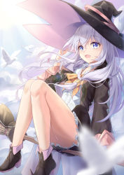 Rule 34 | 1girl, absurdres, bird, black hat, blue eyes, bow, breasts, chiya 1589505970, elaina (majo no tabitabi), hair between eyes, hand up, hat, highres, holding, holding clothes, holding hat, long hair, long sleeves, looking at viewer, majo no tabitabi, open clothes, open mouth, ribbon, shirt, silver hair, sitting, skirt, small breasts, solo, white shirt, witch hat, yellow bow