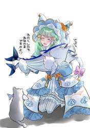 Rule 34 | 1girl, animal, animal ears, cat, cat ears, cat girl, cat tail, closed eyes, facing to the side, fake animal ears, fake tail, fire emblem, fire emblem: three houses, fire emblem heroes, fish, flayn (fire emblem), flayn (halloween) (fire emblem), green hair, hair ornament, hairclip, highres, holding, holding animal, holding fish, kazu20200224, nintendo, open mouth, swept bangs, tail
