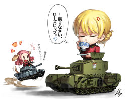 Rule 34 | ..., 0 0, 10s, 2girls, anger vein, animal ears, blonde hair, braid, churchill (tank), closed eyes, commentary request, crusader (tank), cup, darjeeling (girls und panzer), dog ears, dog tail, drinking glass, emblem, french braid, girls und panzer, jumping, kemonomimi mode, kws, military, military uniform, military vehicle, motor vehicle, multiple girls, open mouth, pink hair, rosehip (girls und panzer), simple background, speech bubble, spoken ellipsis, st. gloriana&#039;s (emblem), tail, tail wagging, tank, teacup, uniform, white background