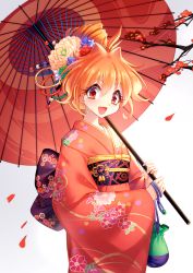 Rule 34 | 1girl, absurdres, alternate costume, floral print, flower, hair flower, hair ornament, highres, holding, holding umbrella, japanese clothes, kimono, lalazyt, lina inverse, long hair, long sleeves, oil-paper umbrella, open mouth, red eyes, slayers, smile, solo, umbrella, wide sleeves