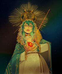 Rule 34 | alternate costume, alternate hairstyle, aurora, blue eyes, blue hair, blue shawl, chamoyada ac, cosplay, crown, crying, crying with eyes open, dress, frills, gradient background, hair between eyes, hatsune miku, heart (organ), highres, light rays, looking up, night, night sky, our lady of guadalupe, shawl, sky, star (sky), starry sky, tears, twitter username, virgin mary, virgin mary (cosplay), vocaloid, white dress