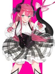 Rule 34 | 1girl, :d, absurdres, blue eyes, blush, breasts, circle skirt, commentary request, curled horns, detached sleeves, dragon girl, dragon horns, dragon tail, elizabeth bathory (fate), elizabeth bathory (fate/extra ccc), elizabeth bathory (second ascension) (fate), fang, fate/extra, fate/extra ccc, fate (series), flower, grey skirt, hair between eyes, hair ribbon, highres, horns, idemitsu, long hair, long sleeves, looking at viewer, open mouth, pink background, pink hair, plaid, plaid skirt, pleated skirt, pointy ears, purple flower, purple rose, ribbon, rose, shirt, skirt, sleeveless, sleeveless shirt, small breasts, smile, solo, tail, tail raised, two-tone background, two side up, underbust, v-shaped eyebrows, very long hair, white background, white shirt, wide sleeves