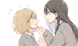 Rule 34 | 2girls, absurdres, betock, black hair, blonde hair, blush, flying sweatdrops, hand on another&#039;s chin, highres, long hair, multiple girls, original, school uniform, short hair, sketch, sweatdrop, touching another&#039;s chin, upper body, white background, yuri
