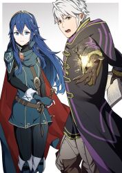 Rule 34 | 1boy, 1girl, ameno (a meno0), armor, belt, black robe, black sweater, blue cape, blue eyes, blue gloves, blue hair, book, border, brown belt, brown gloves, cape, closed mouth, commentary request, falchion (fire emblem), fingerless gloves, fire emblem, fire emblem awakening, gloves, gold trim, grey background, hair between eyes, holding, holding book, hood, hood down, hooded robe, long hair, long sleeves, looking at viewer, lucina (fire emblem), magic, nintendo, open mouth, outside border, pants, pauldrons, red cape, ribbed sweater, robe, robin (fire emblem), robin (male) (fire emblem), short hair, shoulder armor, simple background, sweater, sword, tiara, turtleneck, turtleneck sweater, two-tone cape, weapon, white hair, white pants